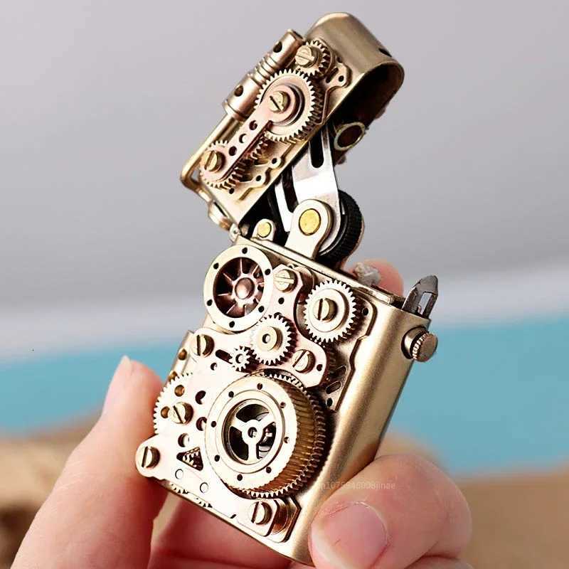 Personzed Mechanical Steampunk Lighter Creative Pure Copper Kerosene Lighter Gear Linkage Cool Mens Gift C260318-image-1098070493