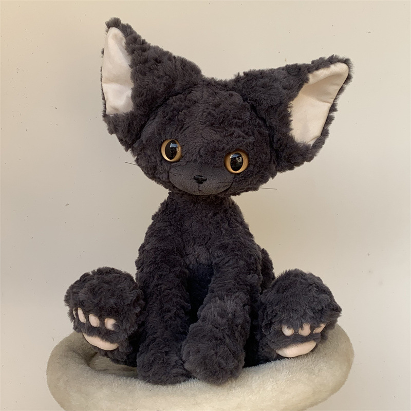 Product Title: Cool Black Devon Rex Cat Plush Toy, Big Ear Stuffed Doll, Healing Companion Pillow-image-1098012284