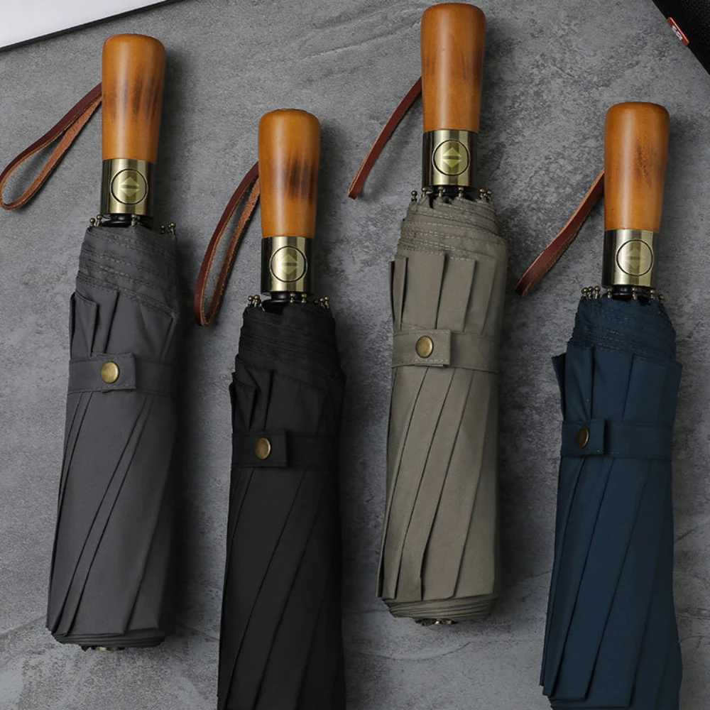 Fully Automatic Wooden Handle Umbrellas Men Foldable Black Business High End Wooden Handle Umbrella For Both Sunny And Rainy Use H260318-image-1098060276