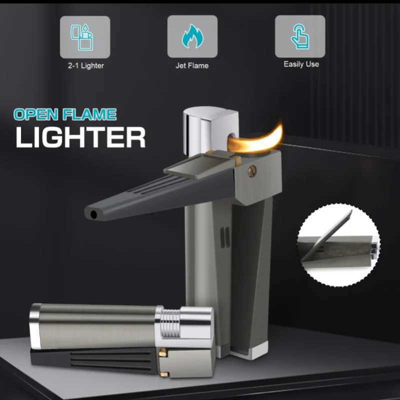 Metal Butane Gas Lighter Retro Creative Pipe Integrated Press Ignition Oblique Fire Pipe Special Smoking Accessories Gadgets C260318-image-1098071115