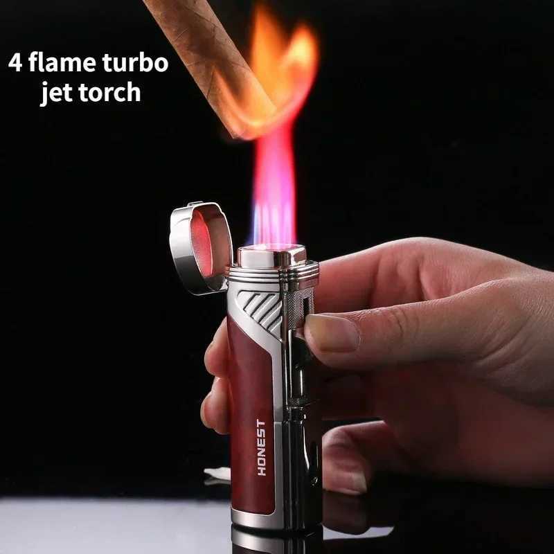 HONEST High End 4 Flame Turbo Jet Butane Gas Lighter Creative Windproof Red Flame Cigar Lighter Mens Smoking Accessories C260318-image-1098070780
