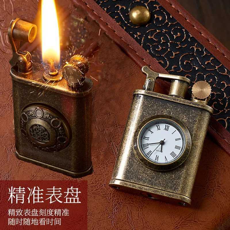 Retro Watch Kerosene Lighter Metal Creative Gyro Wheel Flint Antique Lighter Vintage Gasoline Kerosene Lighter Mens Gift C260318-image-1098071032