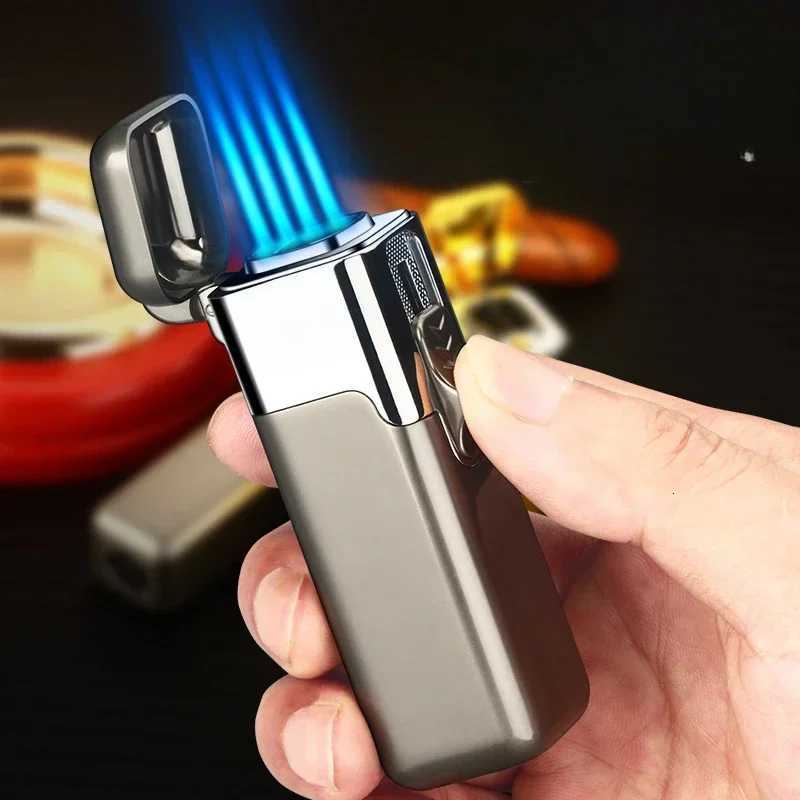 Creative Strong Firepower Butane Gas Lighter Turbo 4 Torch Blue Flame High Pressure Jet Straight Cycle Cigar Lighter Mens Gift C260318-image-1098071471