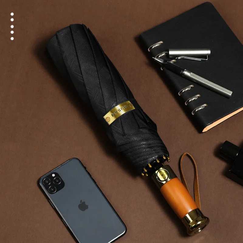 Triple fold fully automatic 10 bone grid pattern umbrella automatic wooden handle wind resistant and sunny umbrella H260318-image-1098060537
