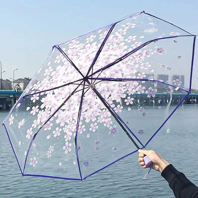 Korean Umbrella Folding Cute Korean Mini Fresh Simple Sen Series Trifold Japanese Cherry Blossom Transparent Umbrella H260318-image-1098061220