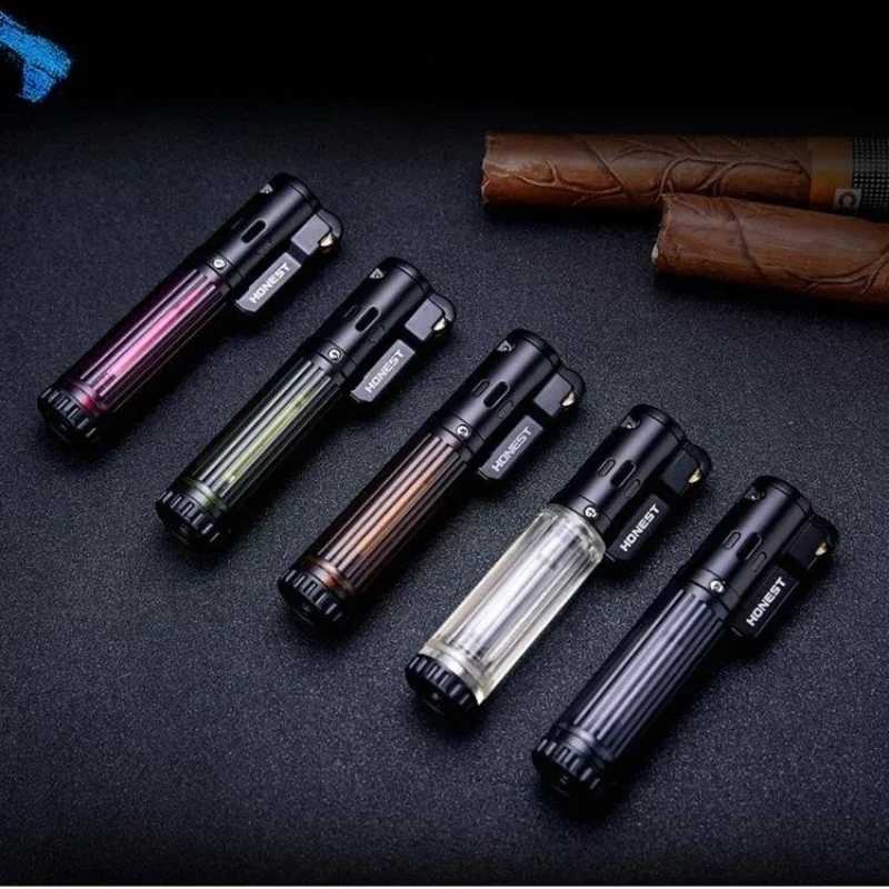 HONEST Metal Blue Flame Direct Flush Butane Gas Lighter Portable Outdoor Windproof Baking BBQ Cigar Lighter Mens Creative Gift C260318-image-1098070892