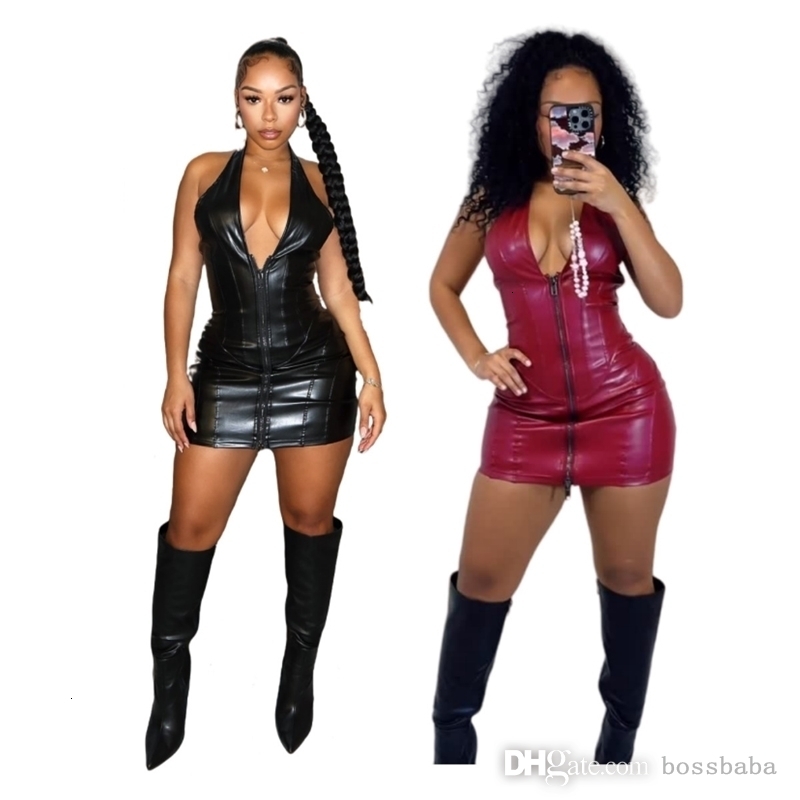 Robe Sexy à la mode, Streetwear, robes décontractées en PU pour femmes, col licou, coupe cintrée, jupe extensible sans manches