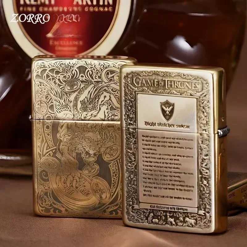 Brass Ultra Thin Double sided Carved Windproof Kerosene Lighter Vintage Grinding Wheel Ignition Unusual Lighters Smoking C260318-image-1098071766