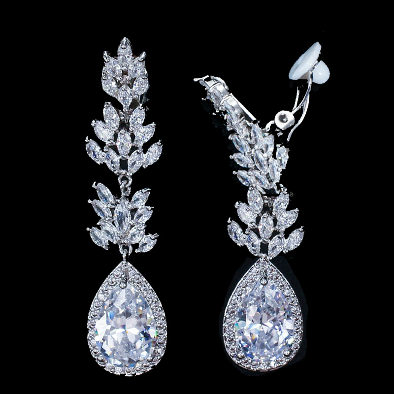 dame de luxe argent clip-ons boucle d'oreille designer pour femme clips d'oreille cuivre blanc rouge bleu aaa zircone goutte diamant mariage fian