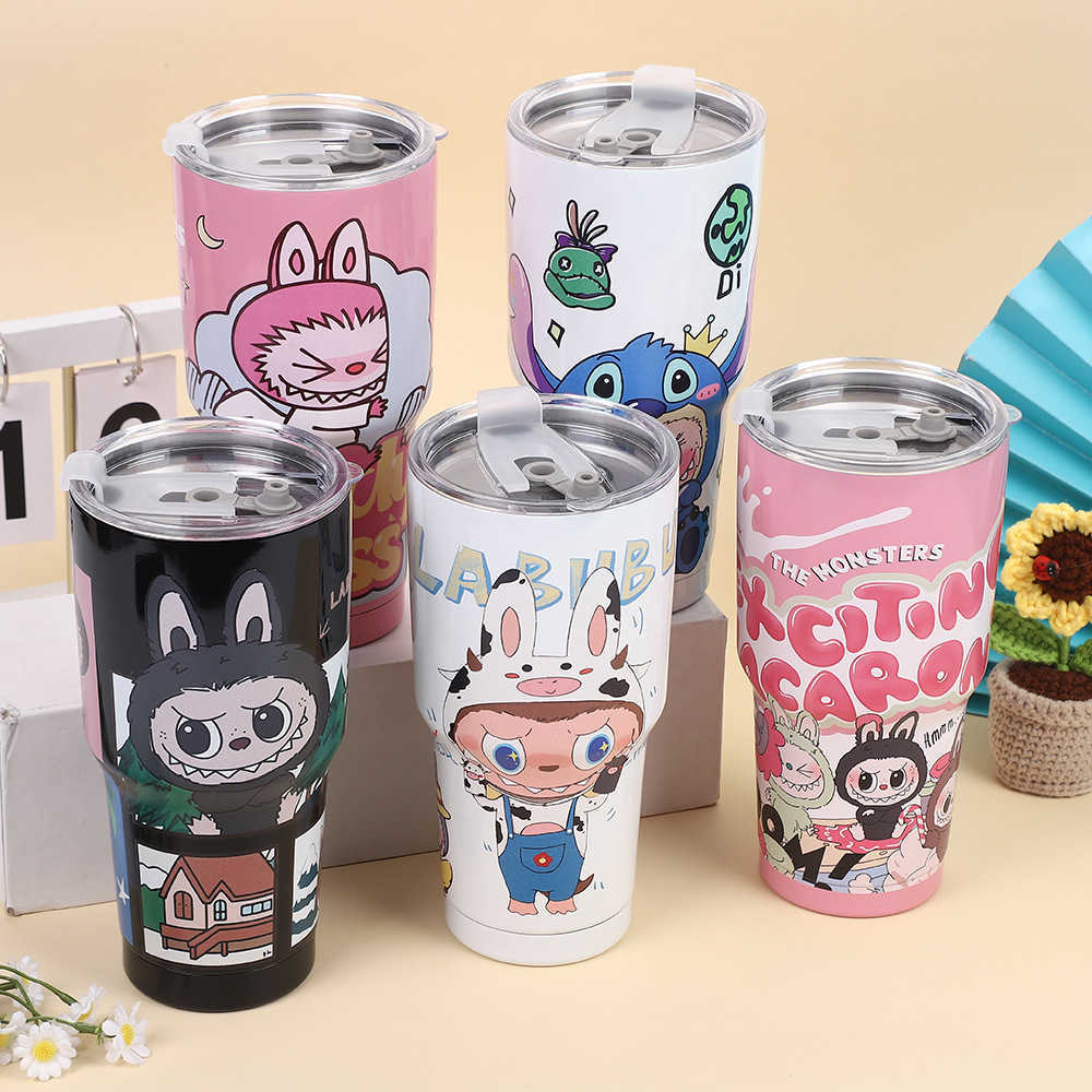 New Labubu Pattern Ice Cup 30oz Car Cup 304 Stainless Steel Vacuum Straw Water Cup L251212H7YC-image-1098028164