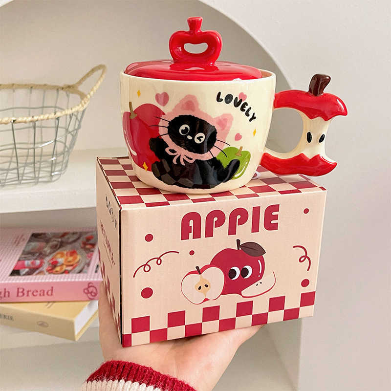 Gift Apple Cat Mug with Lid Ceramic Cup Breakfast Home Cute Creative Drinking Cup L2512126AG2-image-1098051139