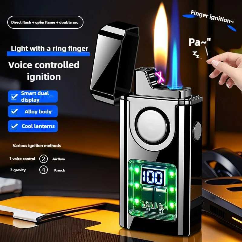 Intelligent Voice Control 3 Flame Butane Gas Lighter Creative Open Flame And Jet Blue Flame Dual Arc Pulse USB Electric Lighters C260318-image-1098070925