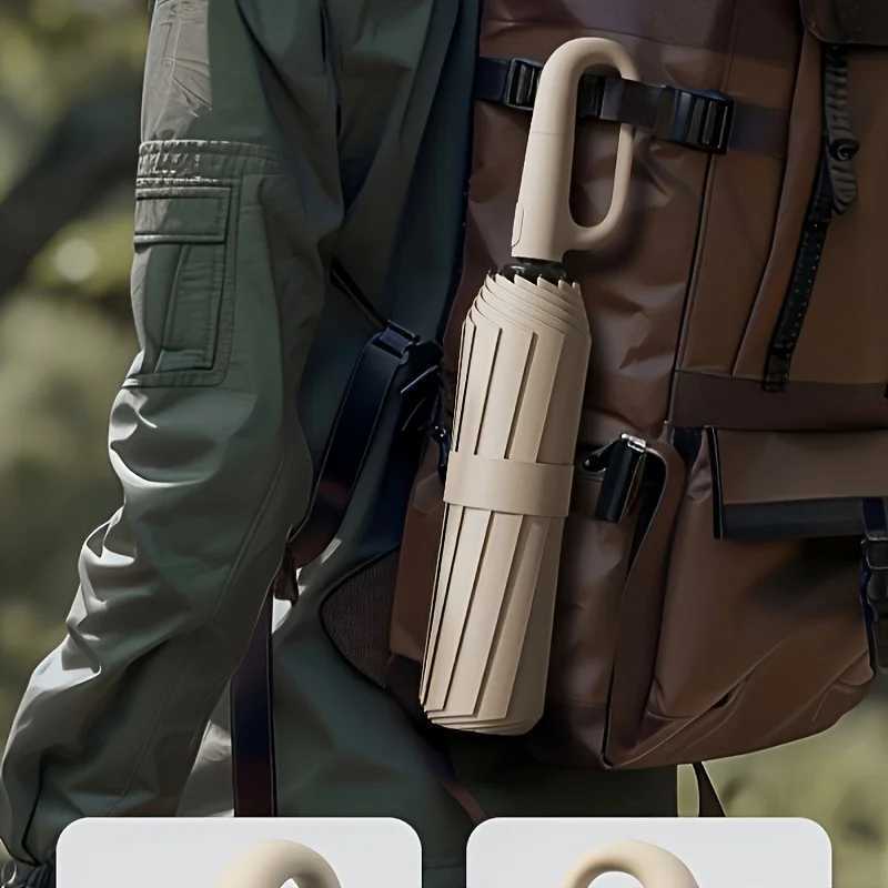 Automatic Folding Umbrella With D-style Non-slip Hook Handle Solid Color Casual Portable Lightweight Durable Umbrella H260318-image-1098060157