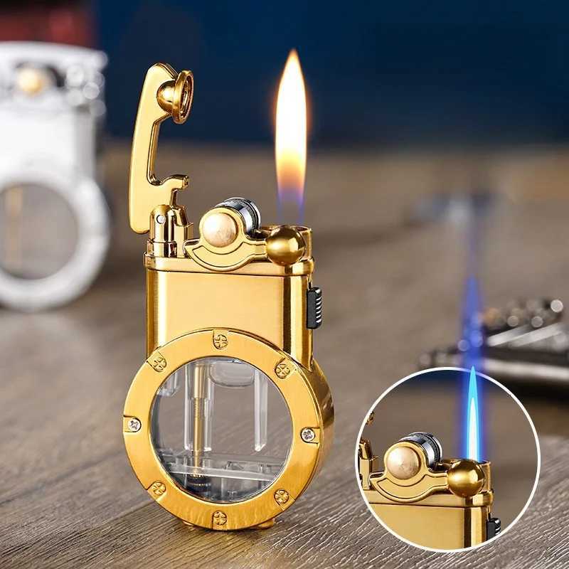 Creative Rocker Arm Dual Fire Butane Gas Lighter Metal Visible Gas Window Jet Flame Switching Open Flame Cigar Lighters Smoking C260318-image-1098070434
