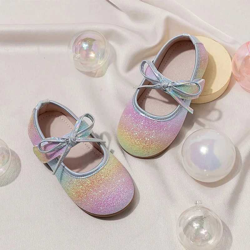 Chaussures de Ballet à paillettes arc-en-ciel pour enfants, bout rond, nœud papillon, boucle à crochet, ballerine plate de luxe pour filles, robe
