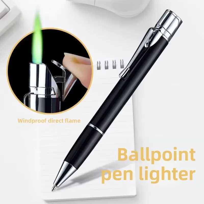 Creative Ballpoint Pen Lighter Metal Windproof Jet Green Torch Lighter Butane Gas 1300C Cigar Lighter Mens Gadget Gift C260318-image-1098071297