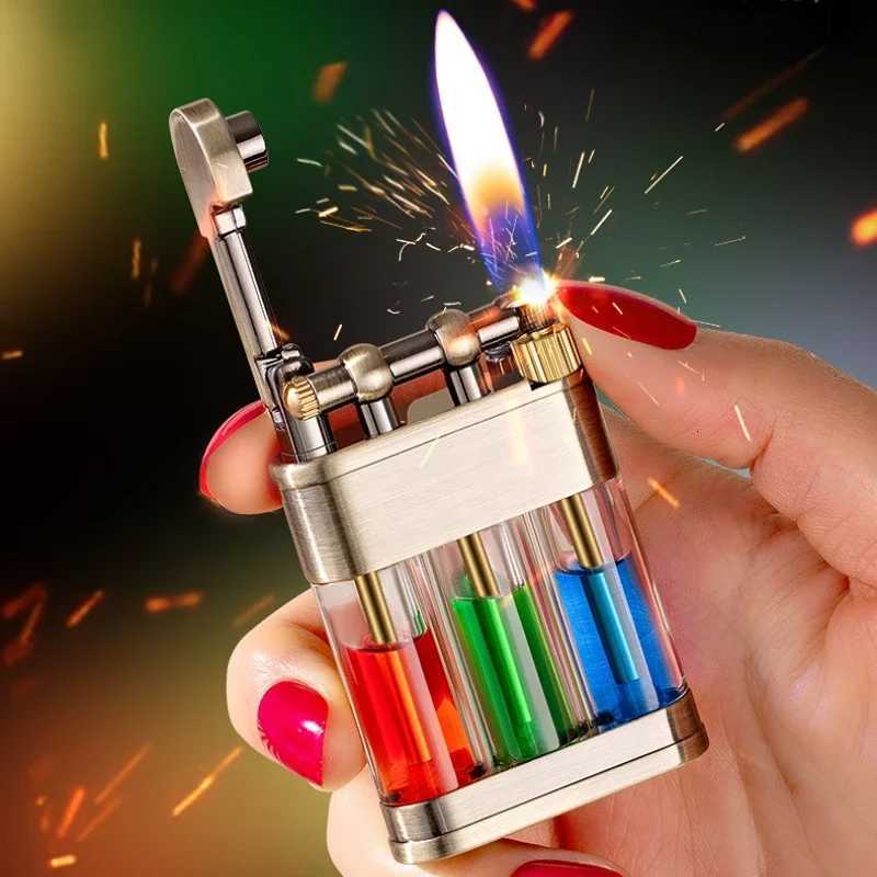 Highly Concentrated Colorant Tricolor Transparent Oil Tank Kerosene Lighter Small Portable Creative Retro Grinding Wheel Lighter C260318-image-1098070693