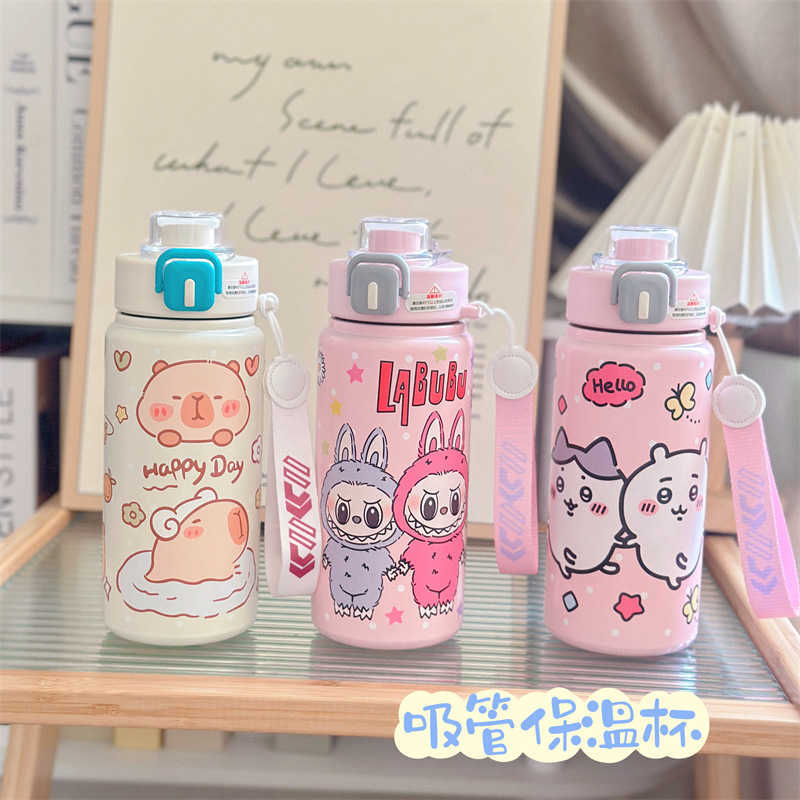 Jiikawa Insulated Bottle 316 Student Straw Drinking Cup Large Capacity with Wrist Strap Cup Capybara Water Bottle L251212W4UI-image-1098028138