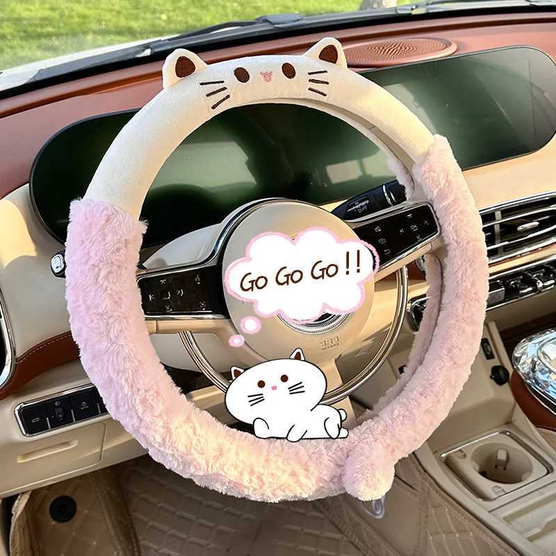 Cartoon Car Steering Wheel Cover Cute Cat Plush Winter Warm Auto Handle Pink Protection Case Accessories K260317-image-1097952841
