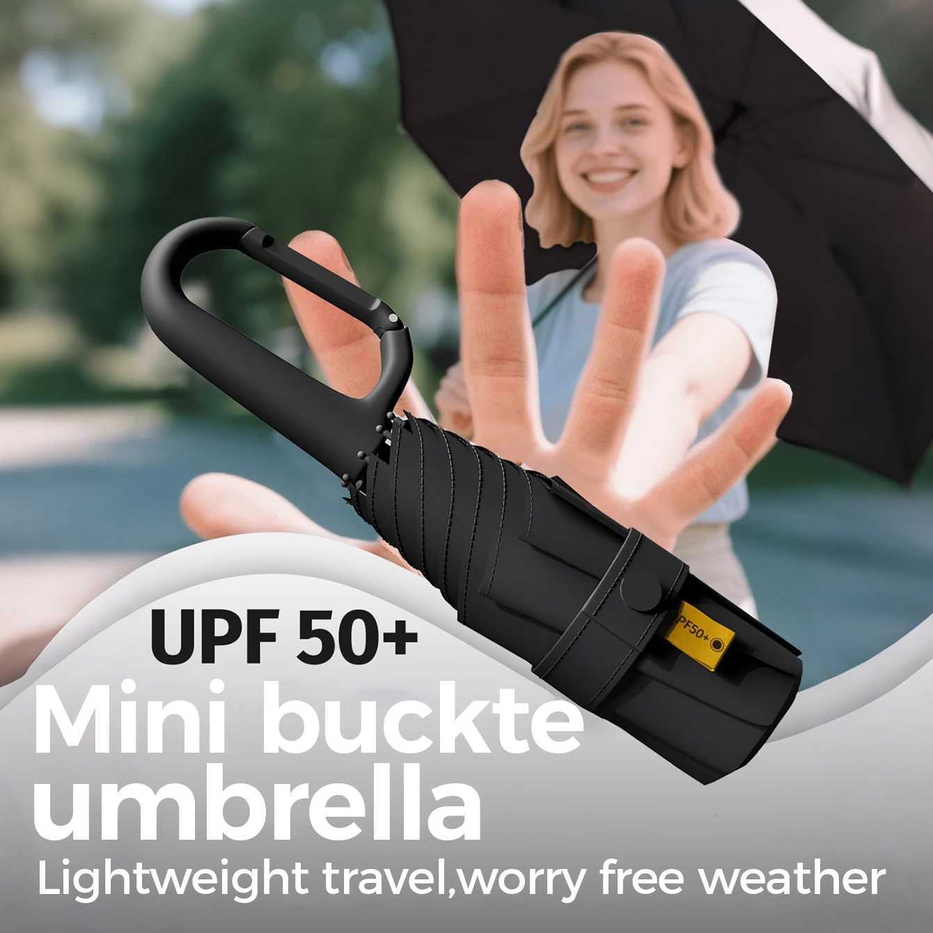 Portable buckle handle mini umbrella folding umbrella with five fold full blackout black rubber sunscreen umbrella UV resistant H260318-image-1098061145