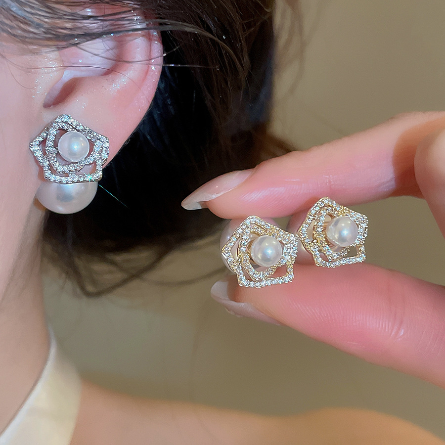 Real gold-plated silver needle zircon flower pearl earrings, fashionable and elegant, light luxury high-end earrings for women-image-1097985267
