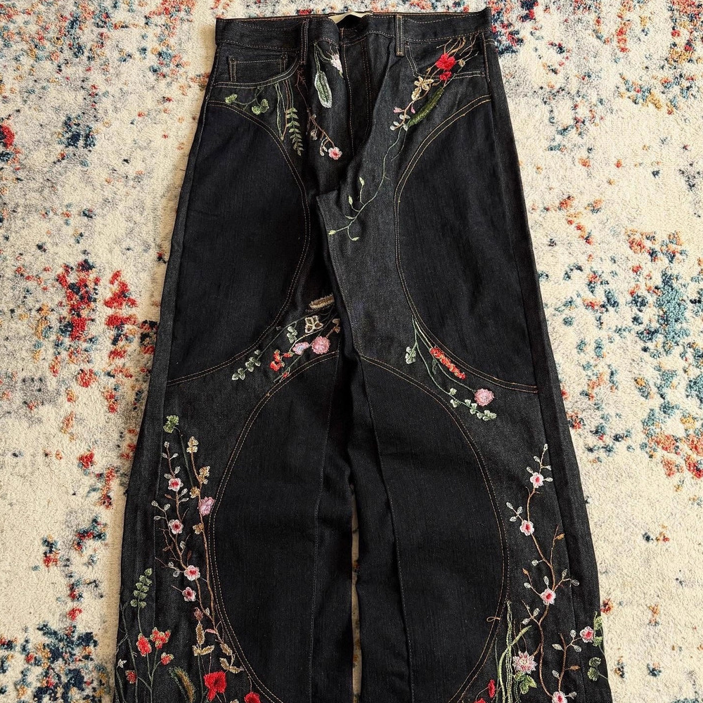 Men's Jean Patchwork Cherry Blossom Embroidery Denim Pants Y2k Vintage Women Baggy Straight Wide Leg Jeans Street Men Clothes 0f