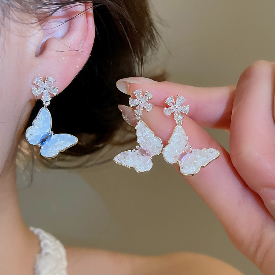 Silver Needle Zircon Butterfly Flower Stud Earrings, Dreamy, Elegant, Sweet, Luxurious, High-End Earrings-image-1098142181