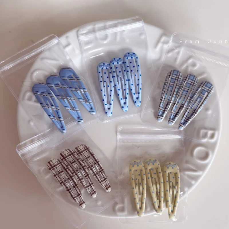 Girl plaid blue hairpin water drop BB clip broken hair bangs clip British style polka dot set hairpin H260319-image-1098193681