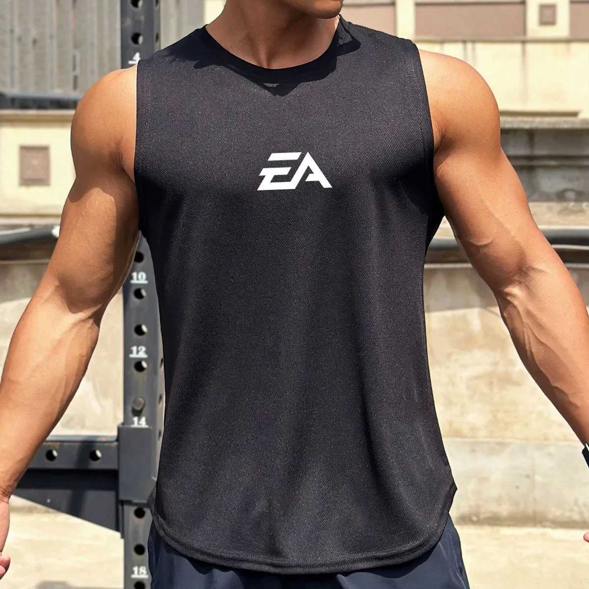 Summer New Trend Mens Pullover Round Neck Mesh Bottom Shirt Sports Fitness Swimming Running Shirt Sveless Vest Quick Dry S26319-image-1098189353