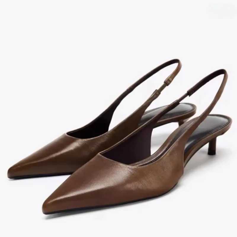 Vintage marron mi talons femmes Slingback chaussures bout pointu Design concis marque confortable robe à enfiler bureau dames pompes Z260318