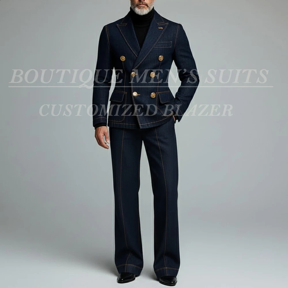 Formal Mens Suits Denim Double Breasted Blazer High Quality Customzied 2 Piece Jacket Pants Sets Male Clothing Costume Homme 260319