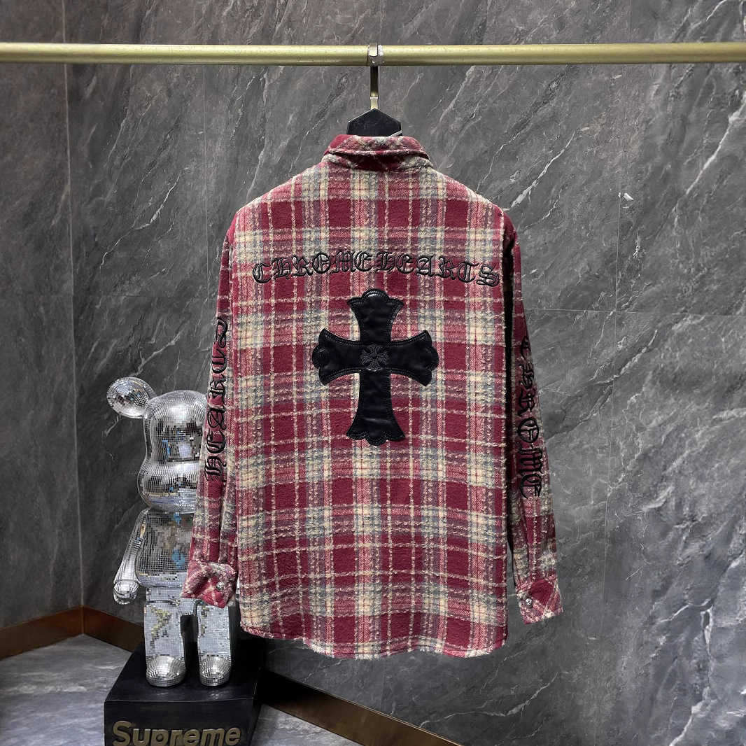 Designer Chrromeity 2025 Summer New Style CH Cro Embroidered Sanskrit Patch Leather Cross Woolen Shirt