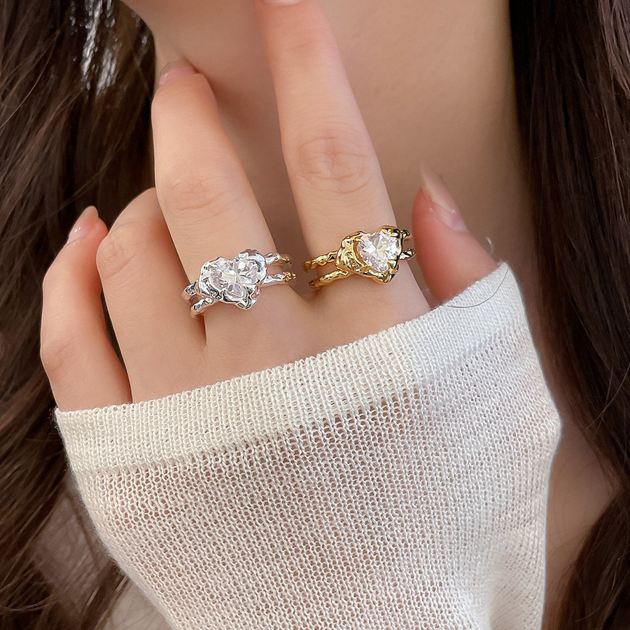 18k real gold plated zircon heart-shaped open casual fashionable versatile index finger ring, light luxury and high-end feel jewelry-image-1098143337
