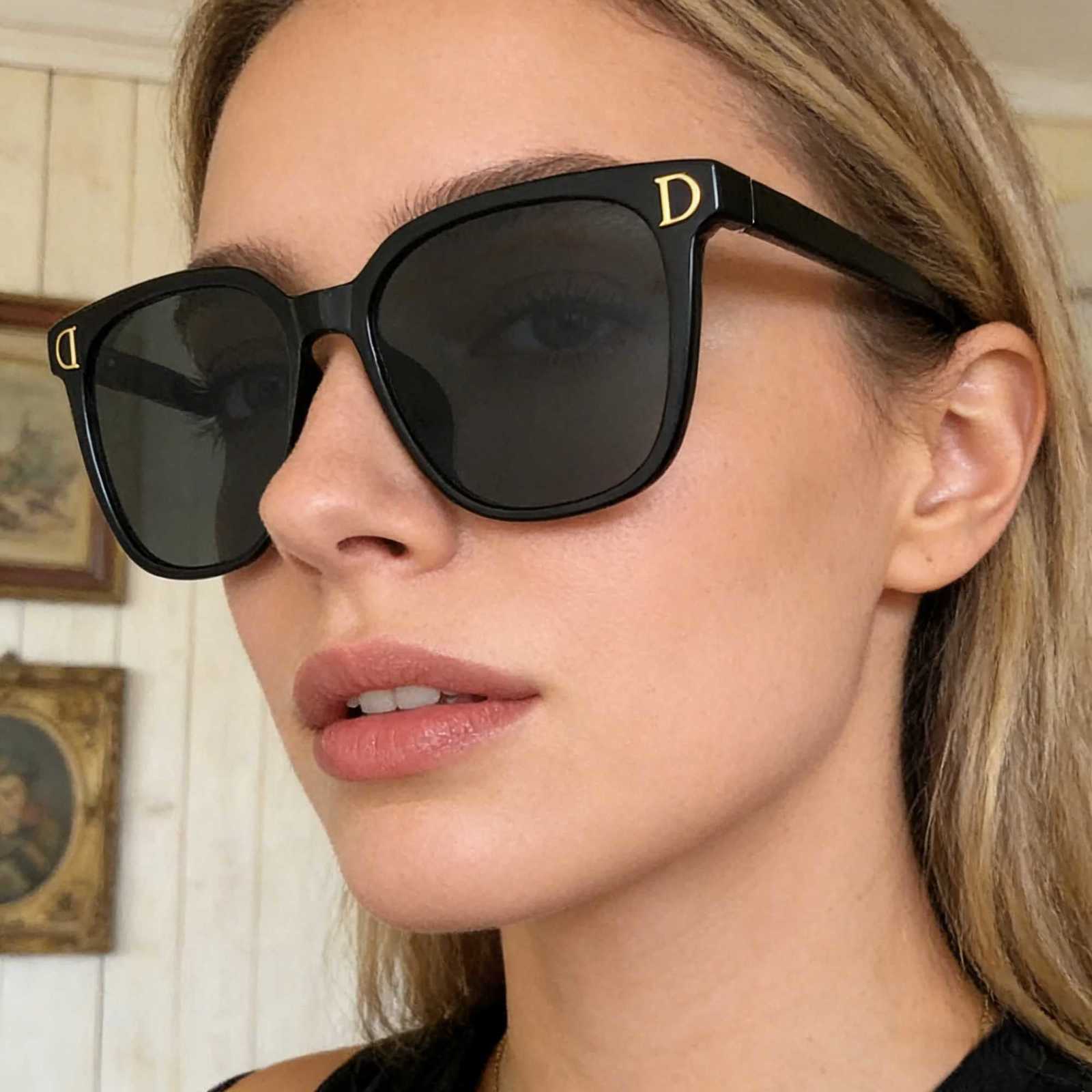 Lunettes de soleil noires avec Protection UV pour femmes, accent en forme de D, amincissantes pour les grands visages, pare-soleil élégants et po