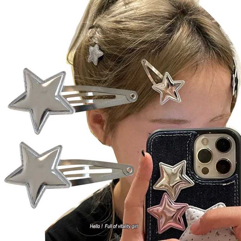 2pcs Silver Color PU Star Hair Clips Y2K Silver BB Snap Clip Hairpins Cute Side Barrette Headwear Girls Women Hair Accessoires H260319-image-1098194250