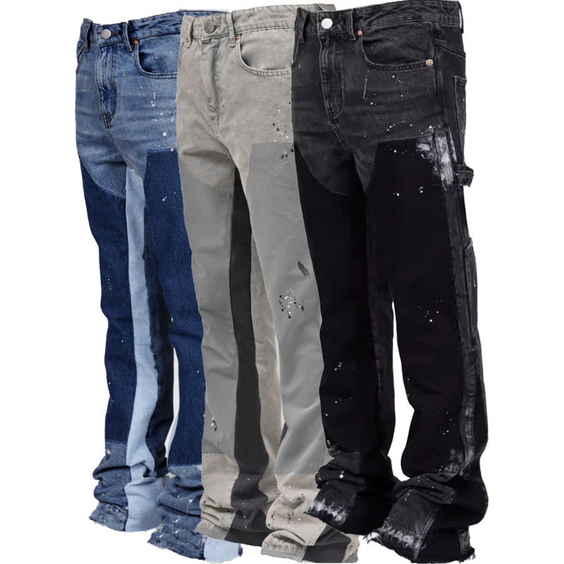 Gallety jeans Mens Designer Style Patchwork Galerydept Paint Splatter Stacked Denim Jeans High Street Carpenter Flare Pants with Side Pockets
