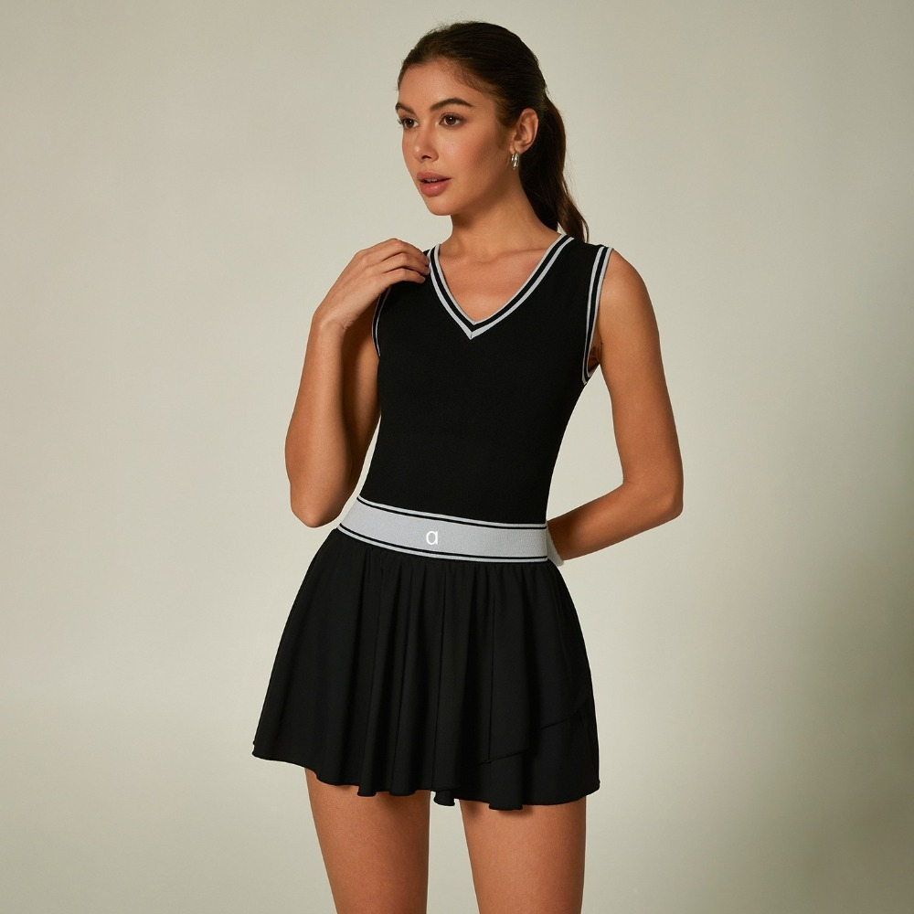 CP001 Women's Black V-Neck Sleeveless Tennis Dress: Contrast Trim Flared Yoga Dress with Built-in Shorts Golf Tennis Skirt One-piece Yoga Suit