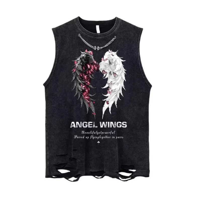 Y2K Fashion Men American Style Street Angel Wings Print Cotton Vest Sveless T-shirt Summer Casual Mens Black Oversized Vest S26319-image-1098187645