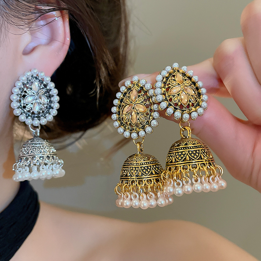 Bohemian diamond-embellished bell pearl pendant European American vintage ethnic style earrings, unique and stylish niche earrings-image-1098142680
