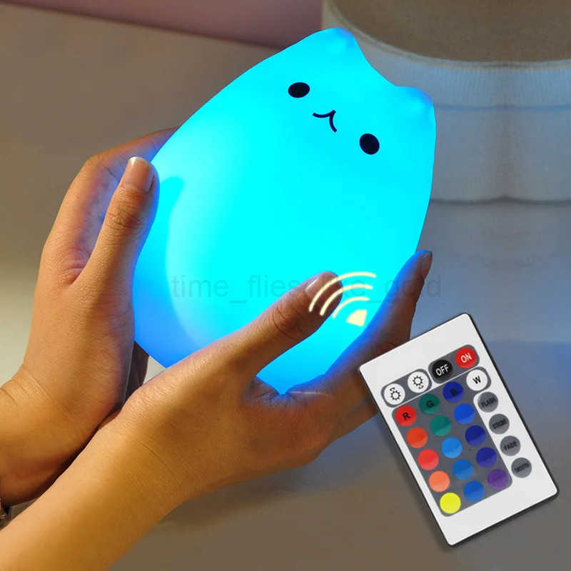 Cat LED Night Light Touch Sensor Remote Control 16 Colors Dimmable USB Rechargeable Silicone Animal Lamp for Children Baby Gift H260318-image-1098113535