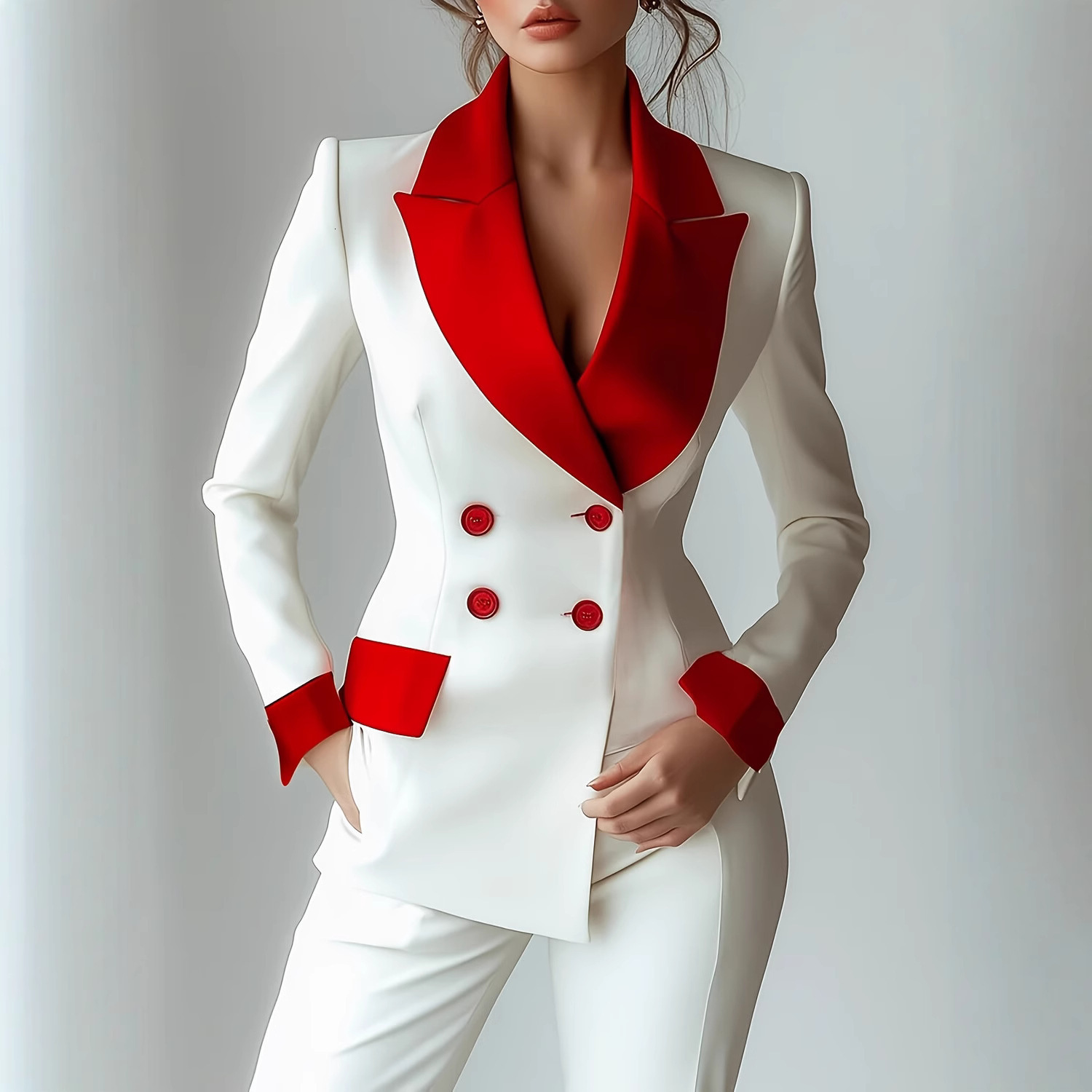 2025 European American Women's Clothing Designer Long-Sleeve Buttoned Blazer with Collar and Patch Pockets