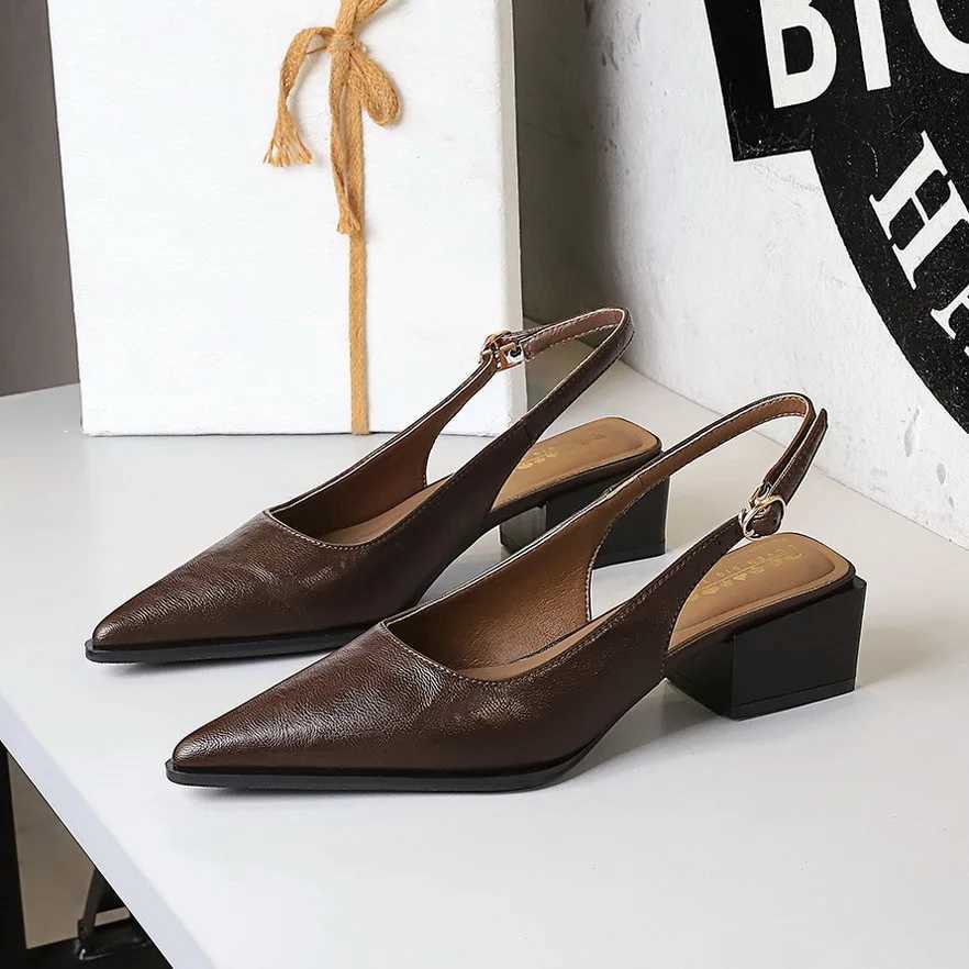 BIGTREE Classiques Style Mode Marron Talon Épais Talon Bas Bouche Peu Profonde Pointu Creux Dos Sangle Fête De Mariage Pompes Robe Chaussures Z26