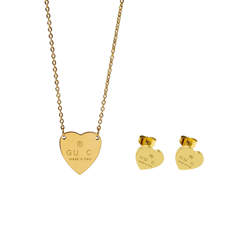 High quality 316L Stainless Steel Luxury designer men women heart pendant necklace earrings 18K Gold silver rose branded engraved love jewelry set g