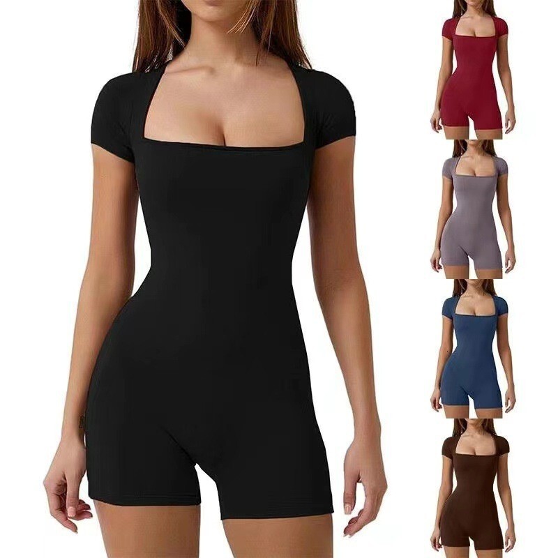 2025 Spring/Summer New European and American Short-Sleeve One-Piece Yoga Outfit Casual Sports Bodysuit Waist-Shaping Shapewear