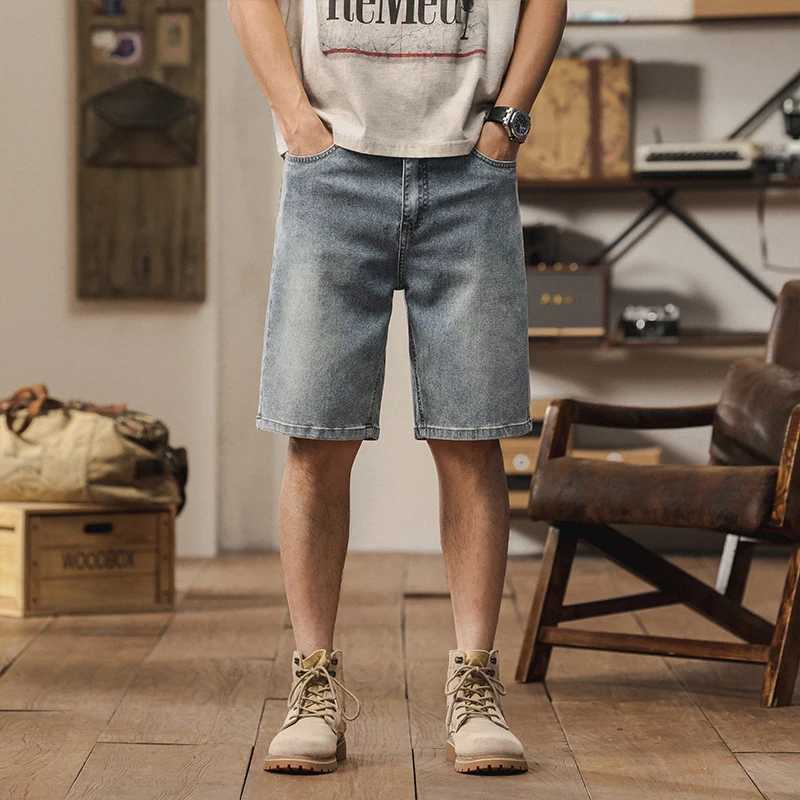 2025 Summer New Mens Casual Jeans Shorts Loose Middle Waist Fashion Knee length Denim Shorts Retro Solid Color Mens Korean StyT260319-image-1098325872
