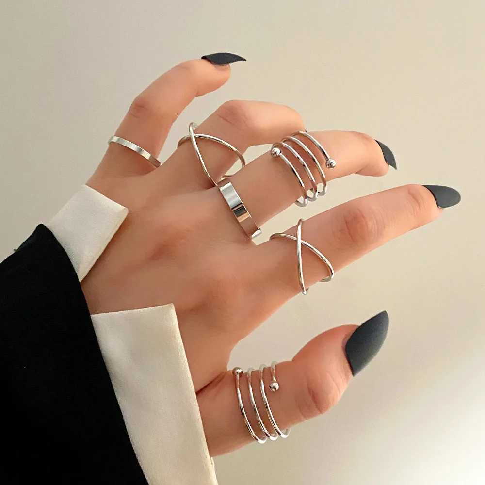 6pcs/set Simple Lines Silver Color Smooth Waterproof Stainless Steel Ring Set For Men Women Personalized Fashion Jewelry Gifts H260320-image-1098360606