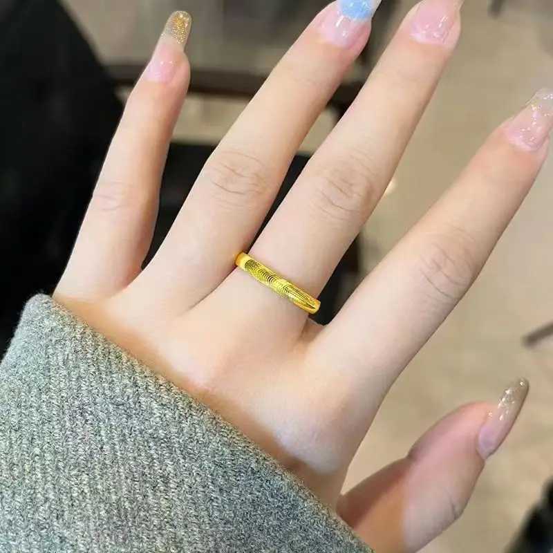 Luxury 24K 9999 Pure Gold real gold Womens Solid Cats Eye Ring Plain Ring Corrugated Finger Ring H260320-image-1098360701