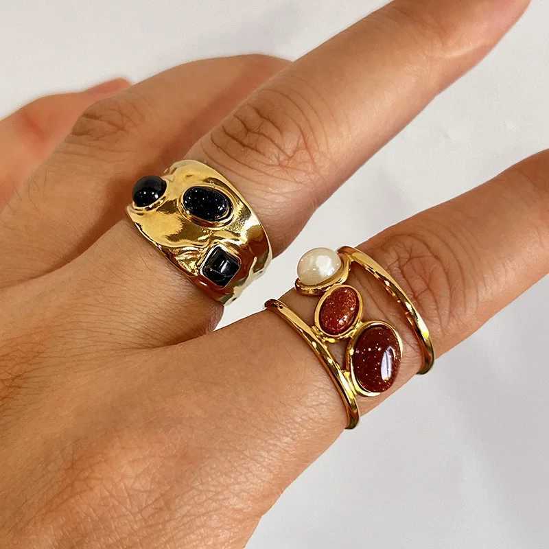 Stainless Steel Inlay Brown Oval Stones Rings for Women Men Classic Vintage Wide Chunky Opening Rings Banquet Jewelry H260320-image-1098360546
