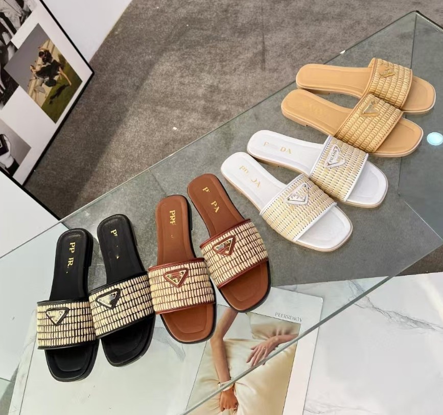 New Designer Slippers Womens Linen weaving Sandals Black White Lady P Flip Flops Slides Slipper Women Summer Outdoor Luxury Fashion Flat Slide Sanda