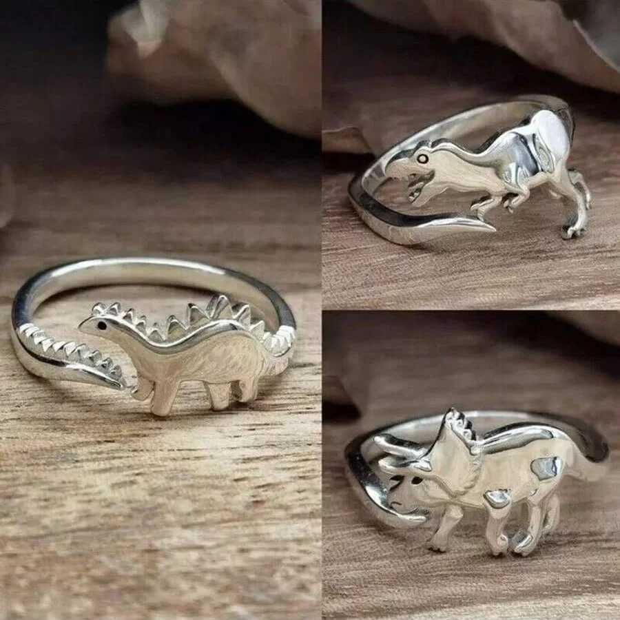 Retro style womens adjustable dinosaur ring - unique Jurassic design simple yet elegant style silver finish comfortable H260320-image-1098360100